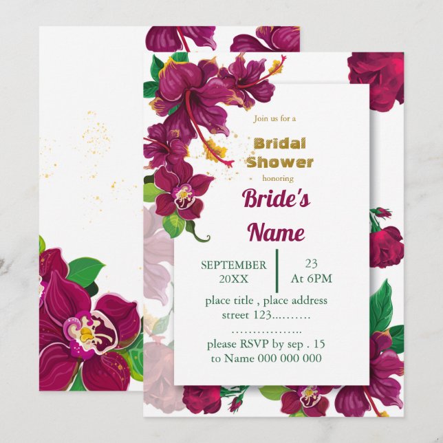 Bordeaux Hibiskus Blume Rose Brautparty Einladung (Vorne/Hinten)
