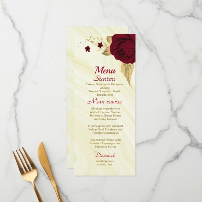 Bordeaux-Hochzeit in Goldflormarmor Menükarte (Vorderseite/Rückseite Beispiel)