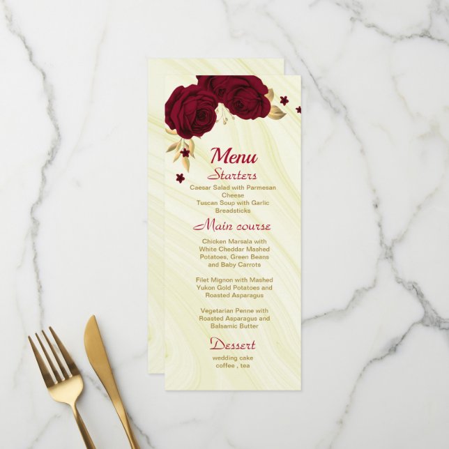 Bordeaux-Hochzeit in Goldflormarmor Menükarte (Vorderseite/Rückseite Beispiel)
