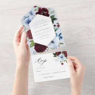 Bordeaux-Hochzeit mit blauen Aquarellfarben All In One Einladung