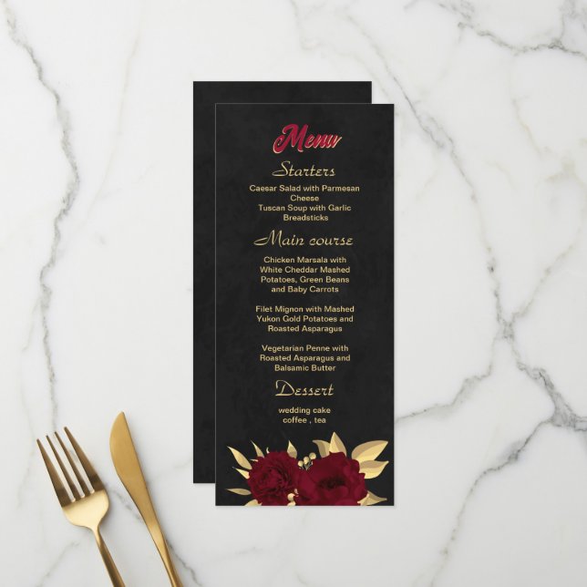 Bordeaux-Hochzeit mit goldenem Gold Menükarte (Vorderseite/Rückseite Beispiel)