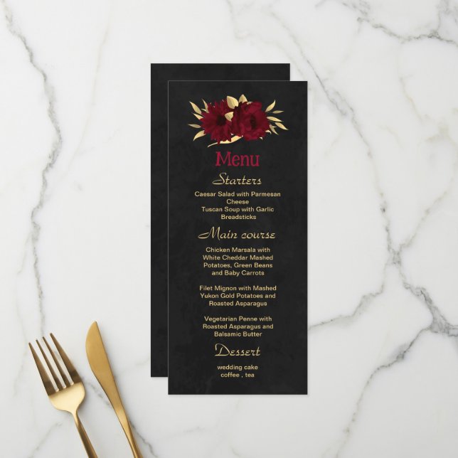 Bordeaux-Hochzeit mit goldenem Gold Menükarte (Vorderseite/Rückseite Beispiel)