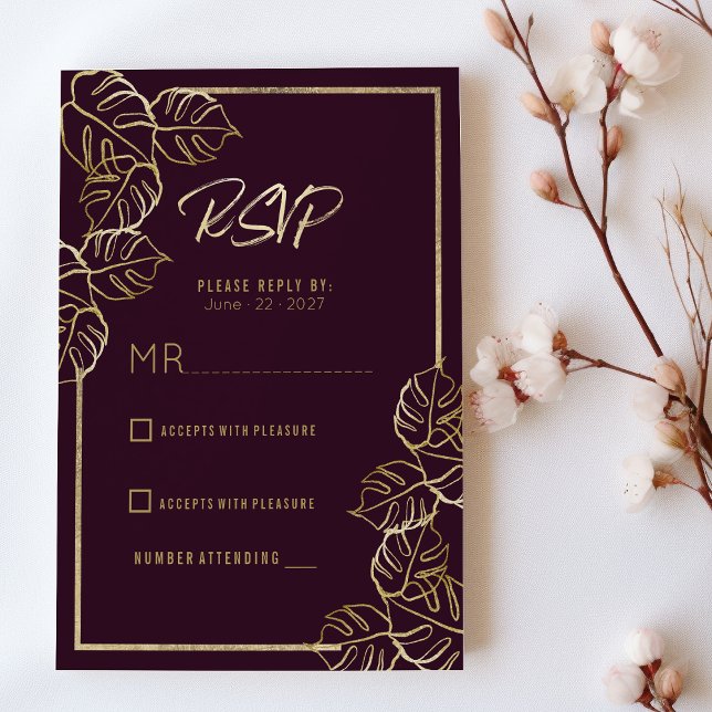 Bordeaux-Hochzeit mit tiefer Goldblüte Einladung (Bordeaux deep rich red gold floral Wedding RSVP)