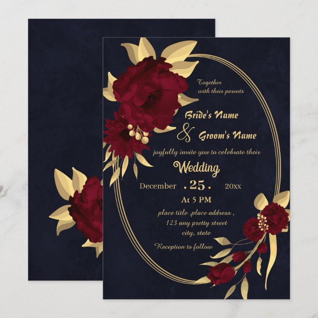 Bordeaux-Hochzeit und Goldmedaille Einladung (Vorne/Hinten)