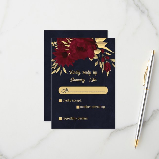 Bordeaux-Hochzeit und Goldmedaille RSVP Karte (Vorderseite/Rückseite Beispiel)