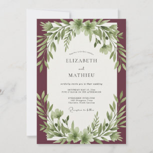 Bordeaux-Olivblatt-Hochzeit Einladung