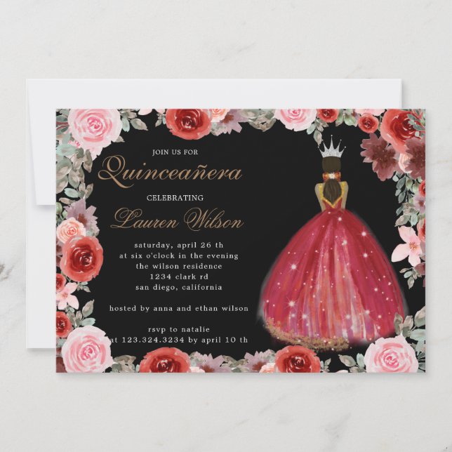 Bordeaux-Prinzessin Quinceanera Einladung (Vorderseite)