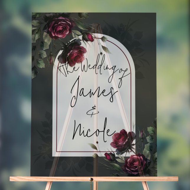 Bordeaux Red Roses Shadowy Grey Floral Mariage (Neutre)