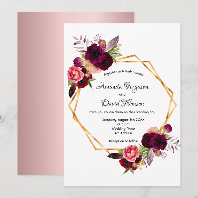 Bordeaux-Rose, goldene, geometrische Hochzeit Einladung (Vorne/Hinten)