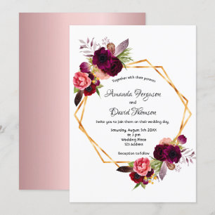 Bordeaux-Rose, goldene, geometrische Hochzeit Einladung