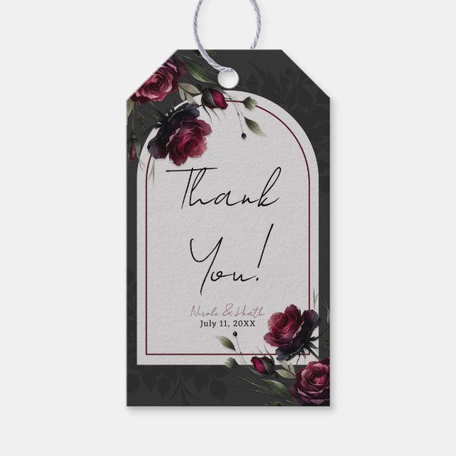 Bordeaux-Rote Rosen Schadowy-Hochzeit Geschenkanhänger (Vorderseite)