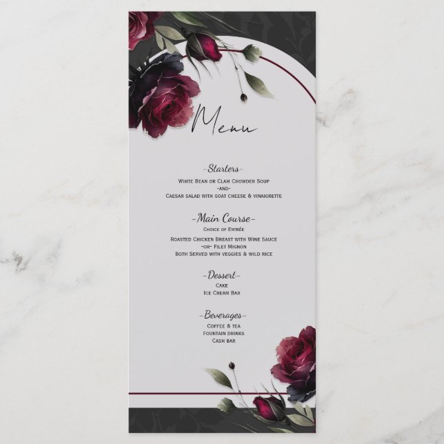 Bordeaux-Rote Rosen Schadowy-Hochzeit Menükarte (Vorderseite)