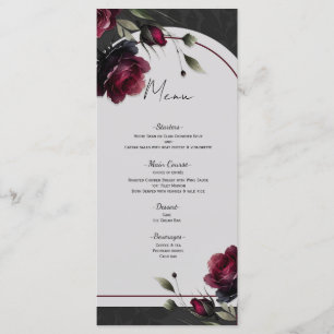 Bordeaux rote Rosen schattige graue Blumenhochzeit Menükarte