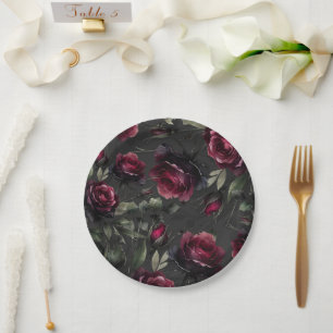 Bordeaux rote Rosen schummrig graue florale Hochze Pappteller
