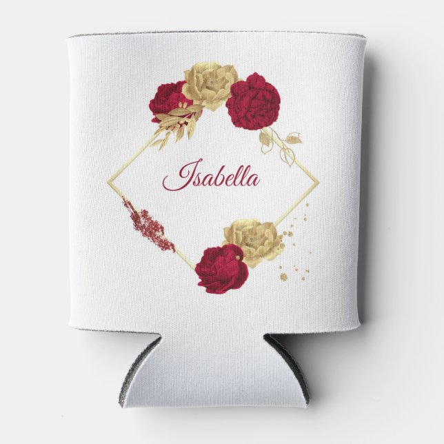 Bordeaux- und Goldhochzeit-Blume Dosenkühler (Vorderseite)