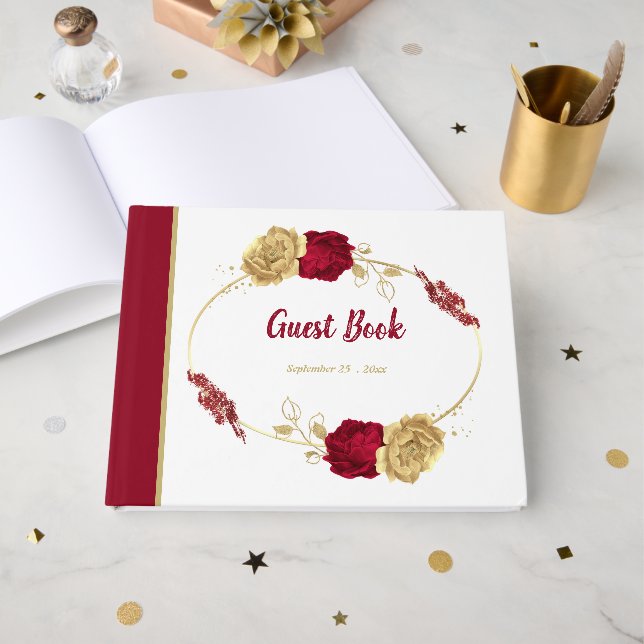 Bordeaux- und Goldhochzeit-Blume Gästebuch (Vorderseite Offen)