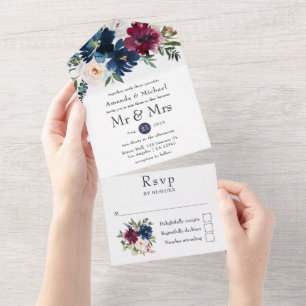 Bordeaux und Navy Aquarell Blumen Hochzeit All In One Einladung