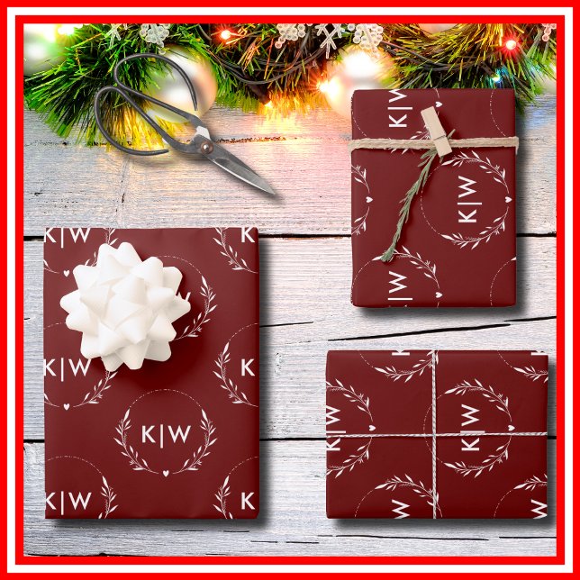 Bordeaux und Weiß | Monogram für moderne Initials Geschenkpapier Set (Von Creator hochgeladen)