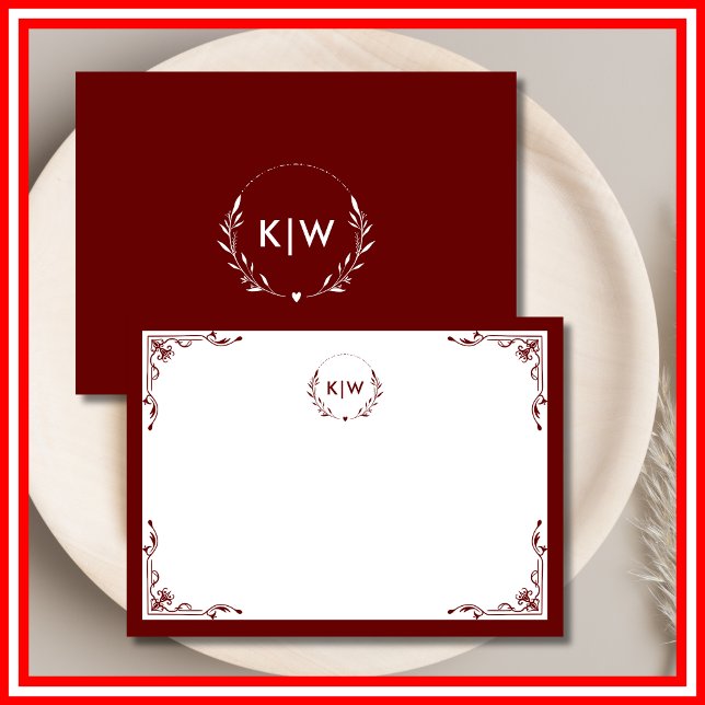 Bordeaux und Weiß | Monogram für moderne Initials Mitteilungskarte (Von Creator hochgeladen)