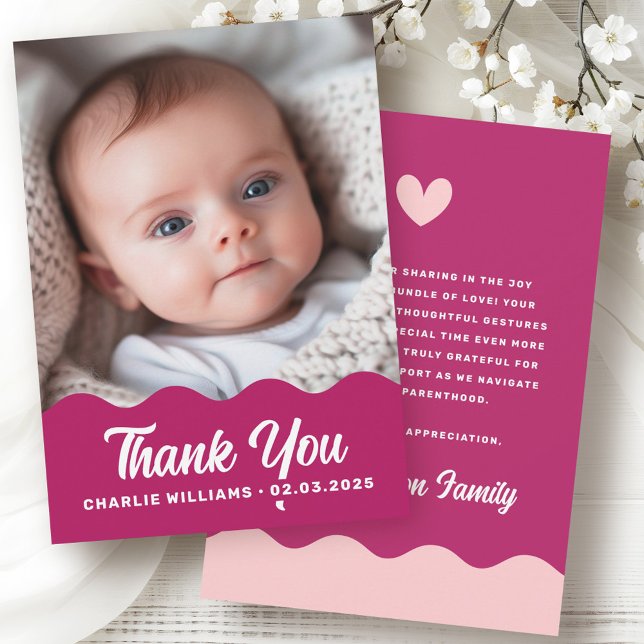 Bordeaux-Wave-Foto Rosa neues Baby Dankeskarte (Bold burgundy wave photo pink new baby thank you card)