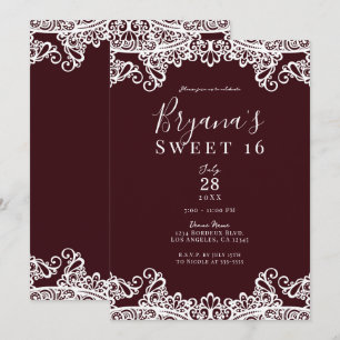 Bordeaux Wein Weiße Spitze Elegant Sweet 16 Party Einladung