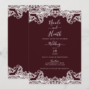 Bordeaux Wein & weiße Spitze Elegante Hochzeit Einladung