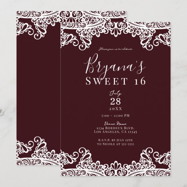 Bordeaux Wine White Lace Elegant Sweet 16 Party Einladung (Vorne/Hinten)