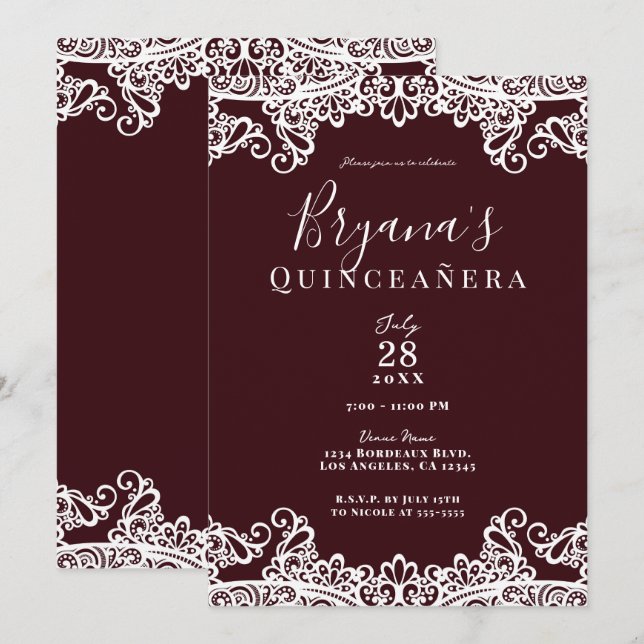 Bordeaux Wine & White Lace Elegante Einladung (Vorne/Hinten)