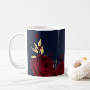 bordeauxfarbene Blume goldene Blätter marineblau Kaffeetasse