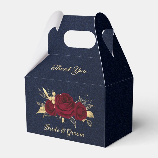 bordeauxfarbene Blume goldene Blätter marineblaue  Geschenkschachtel (Vorderseite)