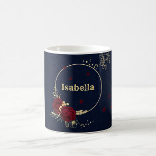 bordeauxfarbene Blume goldene Blätter marineblaue  Kaffeetasse