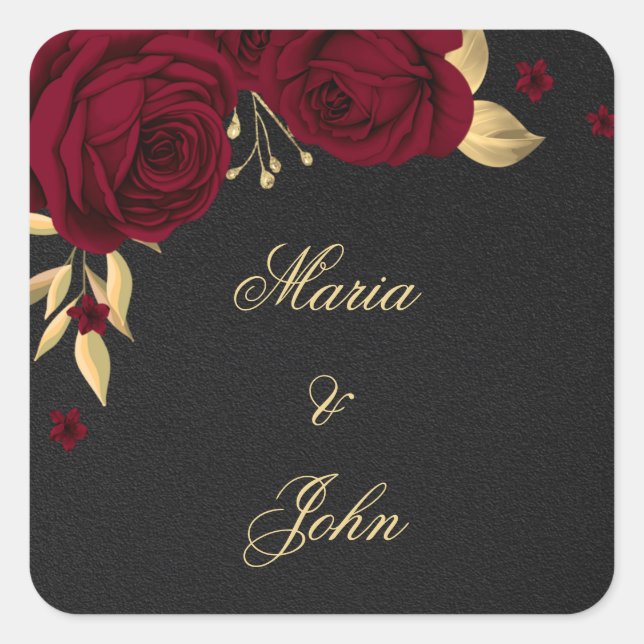 bordeauxfarbene Blume, goldene Blätter schwarz Quadratischer Aufkleber (Vorderseite)