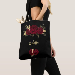 bordeauxfarbene Blume, goldene Blätter schwarz Tasche