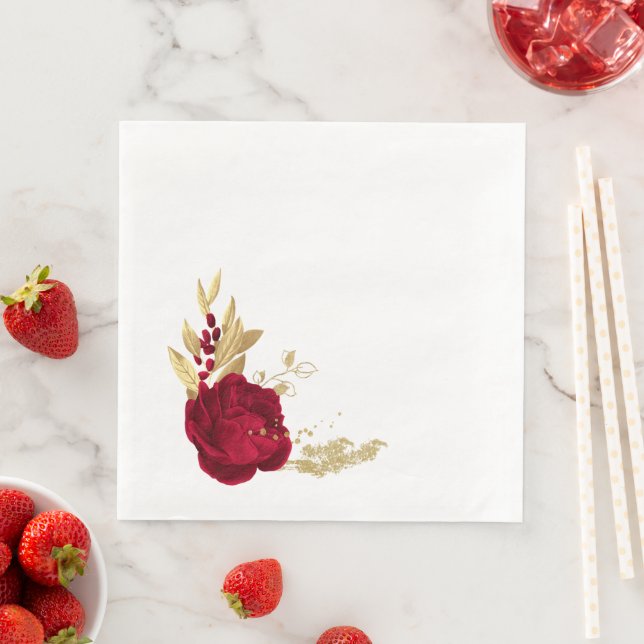 bordeauxfarbene Blume und goldene Blätter weiß Serviette (Beispiel)