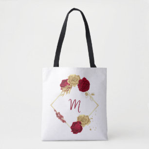 bordeauxfarbene Blume und goldene Blätter weiß Tasche