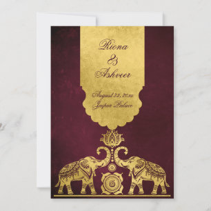 Bordeauxrote und goldene Elefanten Luxus indische Einladung