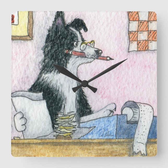 Border Collie Accountant Quadratische Wanduhr (Vorderseite)