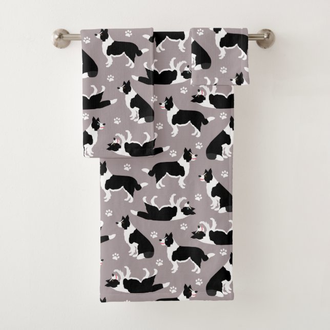 Border Collie and Paw Print Bath Handtuch Set (Insitu)