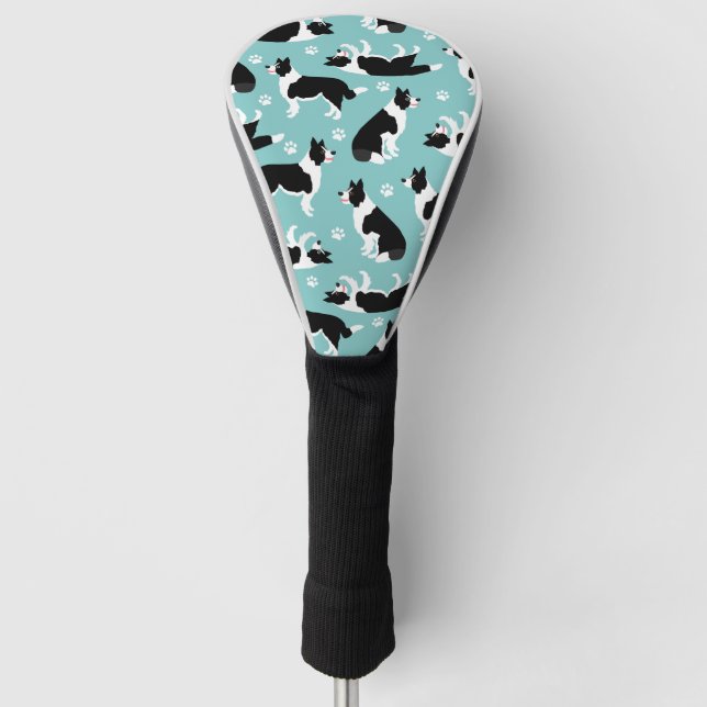 Border Collie and Paw Print Golf Headcover (Vorderseite)