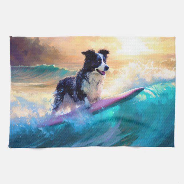 Border Collie Beach Surf Malerei Geschirrtuch (Horizontal)