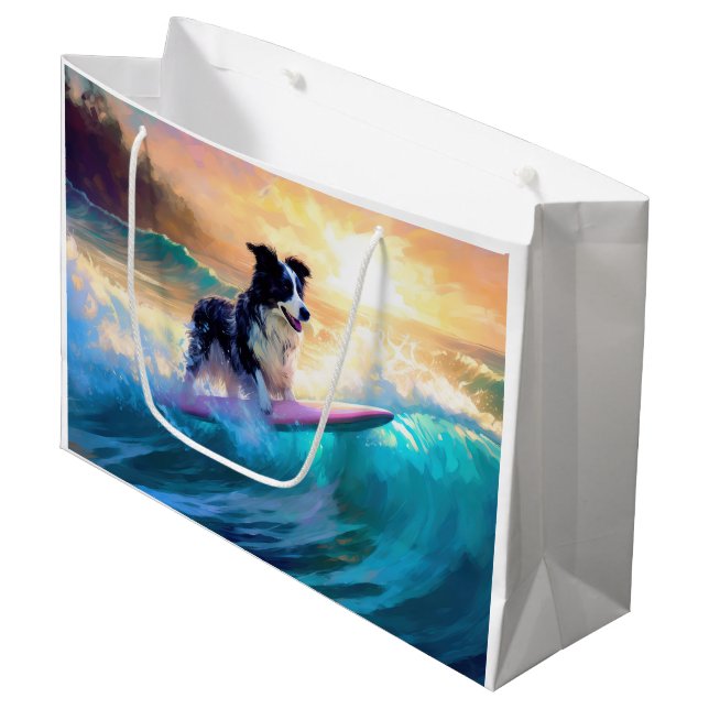 Border Collie Beach Surf Malerei Große Geschenktüte (Vorderseite Schrägansicht)