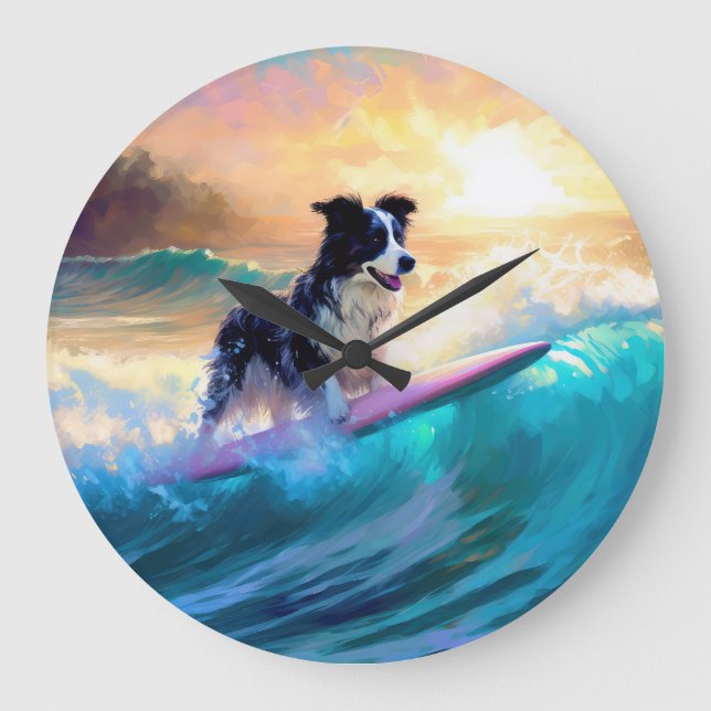Border Collie Beach Surf Malerei Große Wanduhr (Vorderseite)