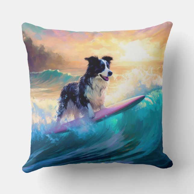 Border Collie Beach Surf Malerei Kissen (Rückseite)