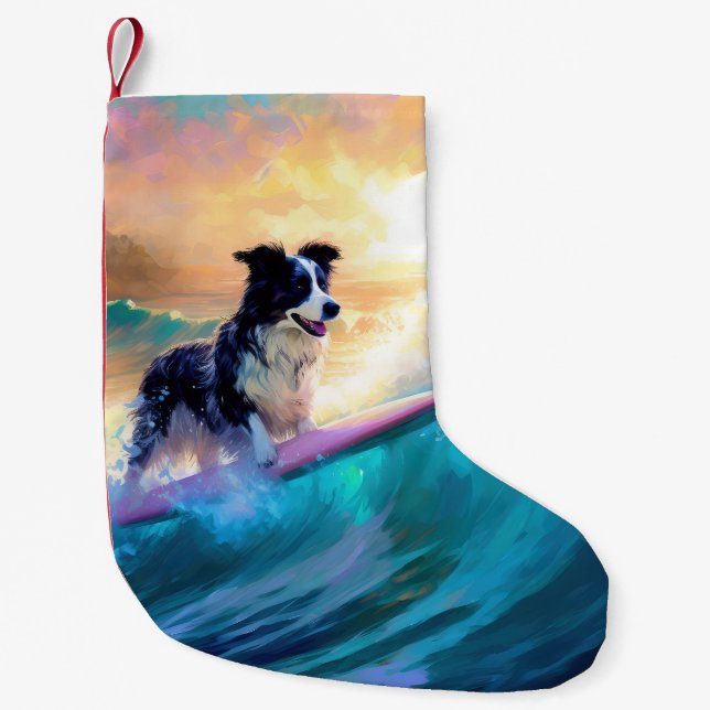 Border Collie Beach Surf Malerei Kleiner Weihnachtsstrumpf (Vorderseite)
