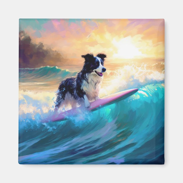Border Collie Beach Surf Malerei Magnet (Vorne)