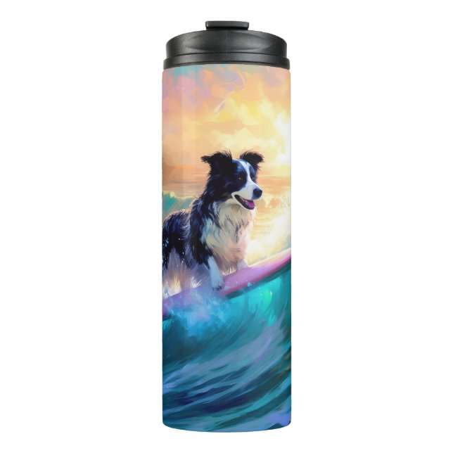 Border Collie Beach Surf Malerei Thermosbecher (Vorderseite)