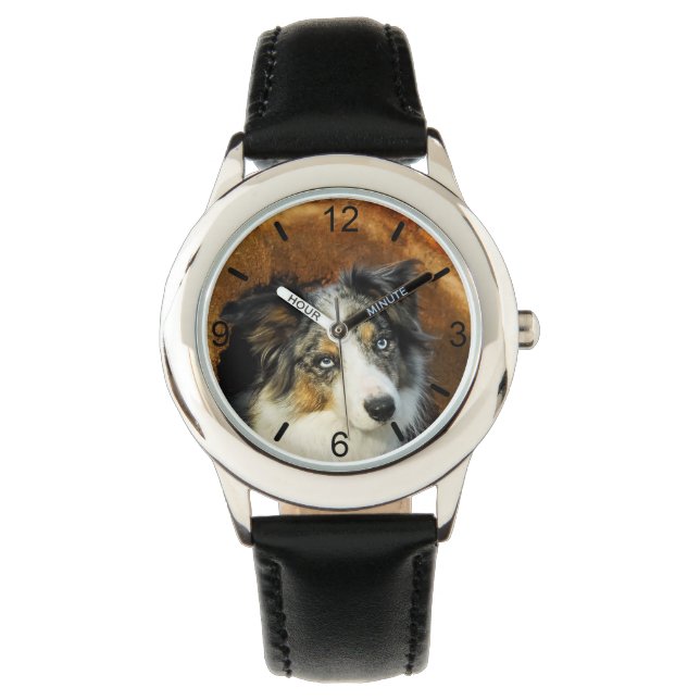 Border Collie Blue Merle Dog Kopf Pet - Wählplatte Armbanduhr (Vorderseite)