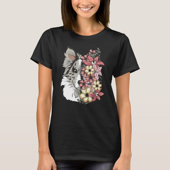 Border Collie Blue Merle mit Blume T-Shirt (Vorderseite)