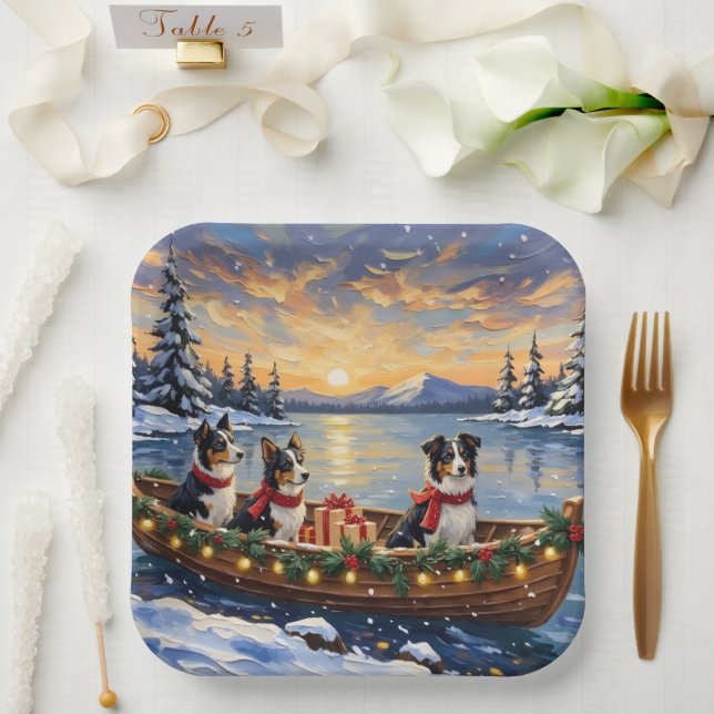 Border Collie Christmas Boat Holiday Pappteller (Hochzeit)