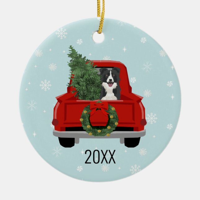 Border Collie Christmas Red Truck Keramik Ornament (Vorne)